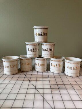 Vintage Tom & Jerry White Mugs Set of 8 Gold Trim Made in Japan